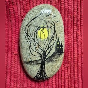 Hand-Painted Stone with Tree and Moon Design